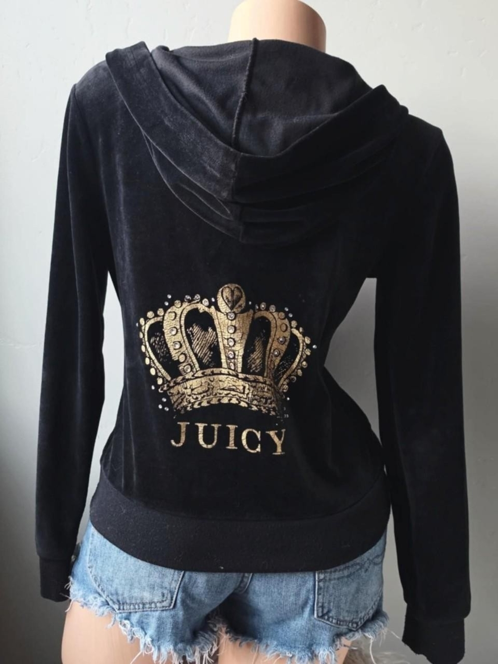 Y2k Juicy Couture Black Velour Hoodie with Gold Crown Graphic S/M